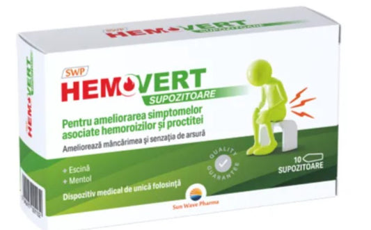 Hemovert Suppositories 10‑Pack – Sun Wave Pharma Rectal Relief for Hemorrhoids & Proctitis with Escin & Menthol