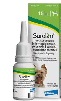 Surolan (miconazole nitrate, polymyxin B sulfate, prednisolone acetate) for dogs, 15 ml